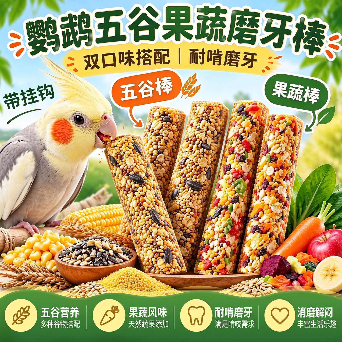 自带挂钩~鹦鹉五谷果蔬磨牙棒