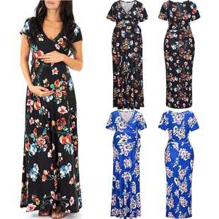 新款直销2023孕妇连衣裙亚马逊欧美新款女装印花腰带哺乳短袖春夏