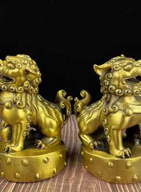 新款直销黄铜古玩铜器铜狮子一对站鼓铜狮收藏摆件礼品