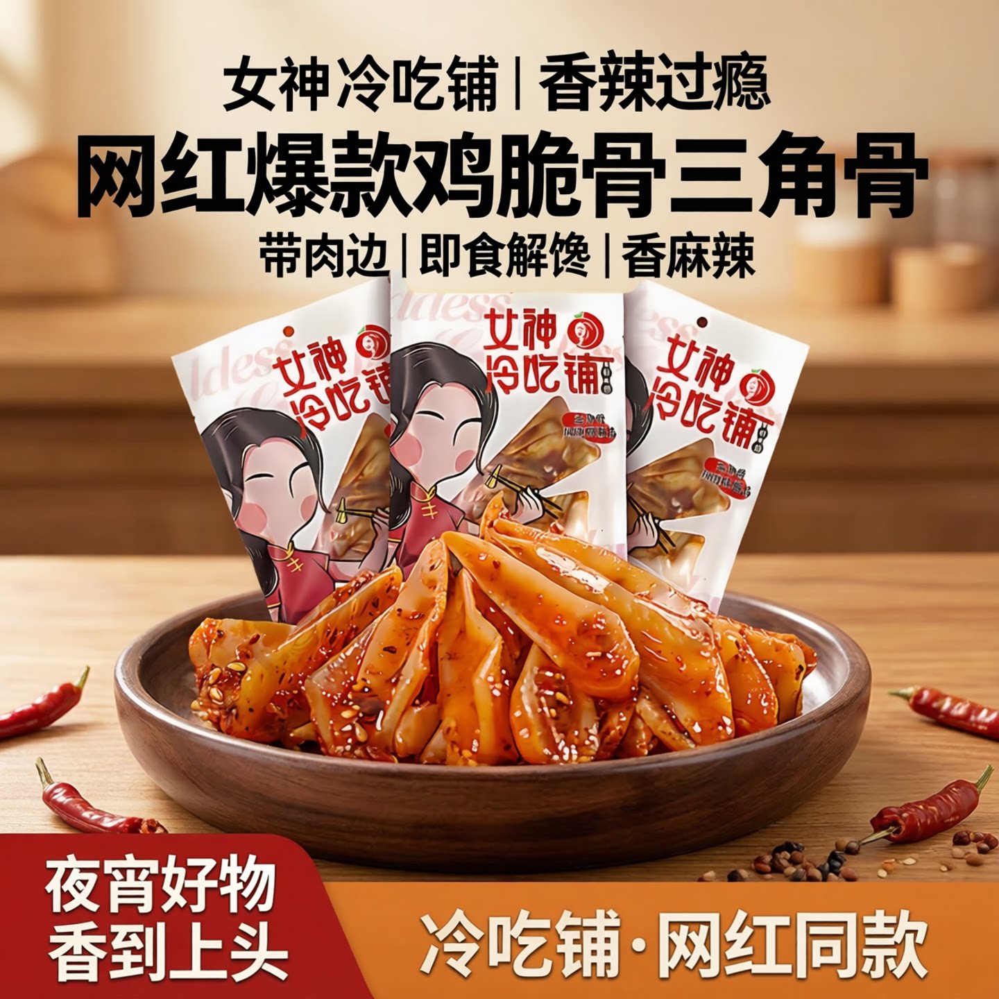 女神冷吃铺鸡脆骨三角骨带肉边夜宵香麻辣三角骨即食解馋网红零食