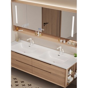 实木彩色陶瓷一体式单、双盆浴室柜组合定制浴室水槽脸盆柜