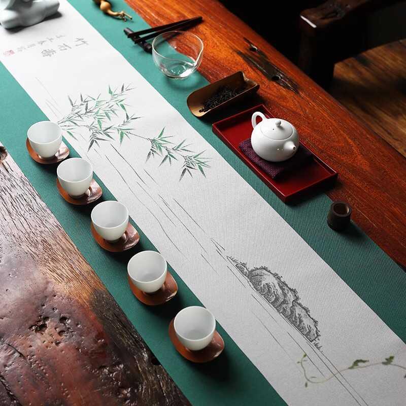 手绘防水茶席纯色桌旗手绘禅意新中式茶旗现代简约茶台布艺茶垫布