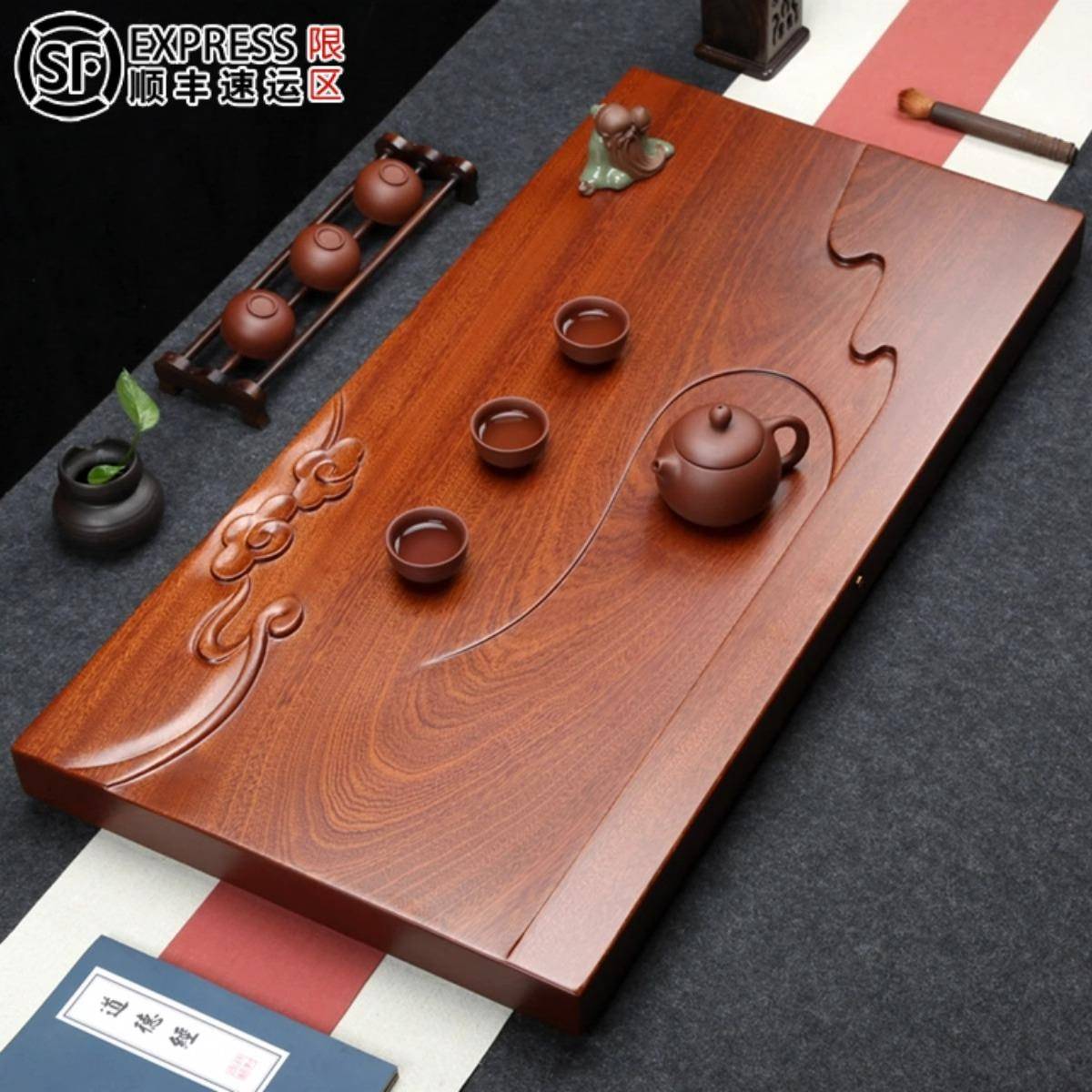 整块花梨原木茶盘实木茶台简约红木家用茶海大小号排水茶具