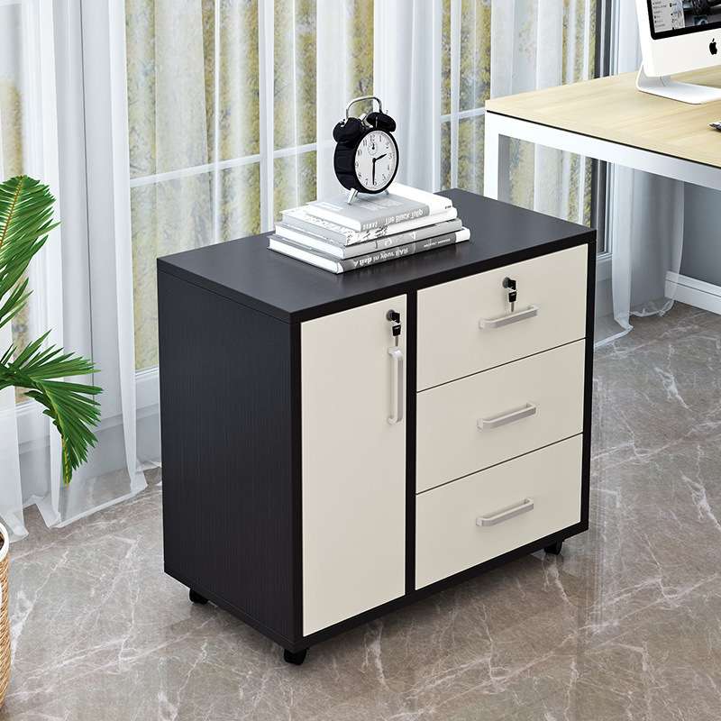 办公室带锁木质落地移动文件柜带轮资料柜储物移动矮柜桌下小柜子