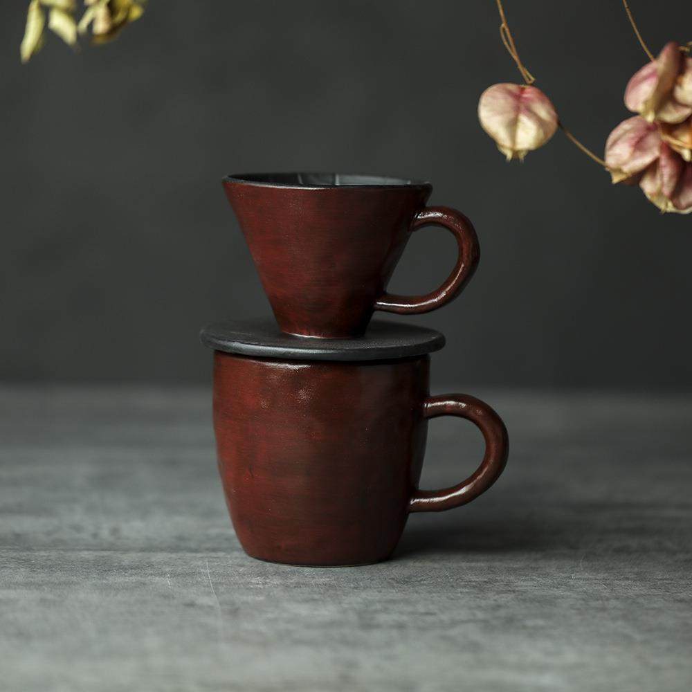 晴先生妙峰手捏故宫红手冲滤杯咖啡复古老岩泥分体咖啡壶套装