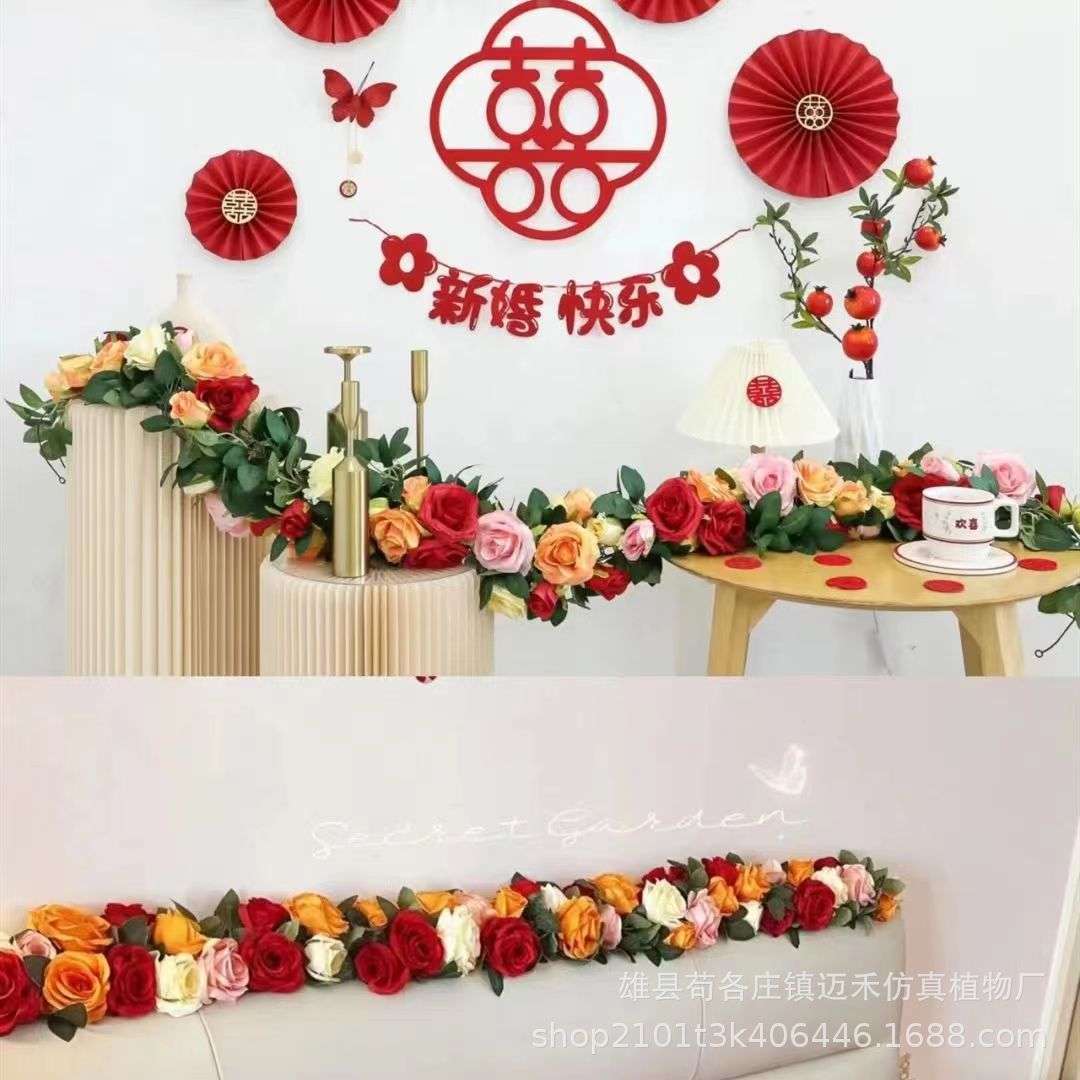 仿真玫瑰花藤条装饰吊花缠绕假花藤蔓室内塑料花空调管道遮挡