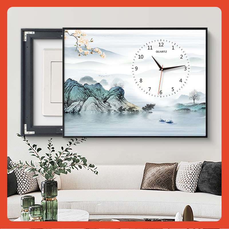 ?电表箱装饰画新中式遮挡多媒体箱电源开关电闸盒挂画盖板带钟