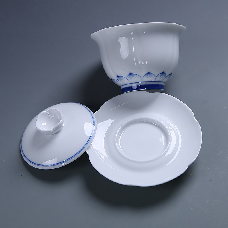 手绘青花白瓷中式功夫o茶具敬茶杯陶瓷茶碗三才盖碗茶杯不烫手大