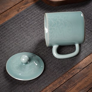 青瓷茶杯家用带盖水杯茶具杯高档老板杯刻花祥云办公W杯会议礼品