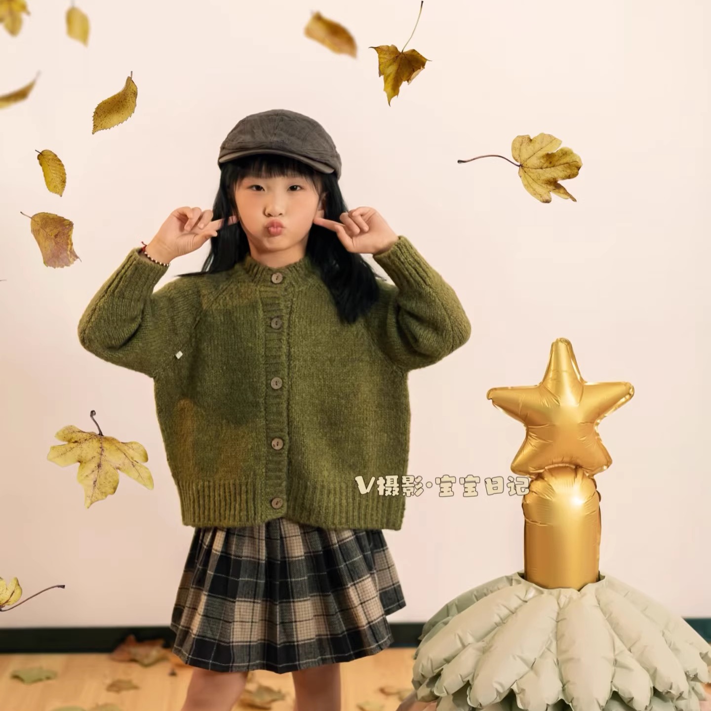 男女童儿童摄影服装墨绿色艺术气质针织毛衣开衫外套设计感上衣潮