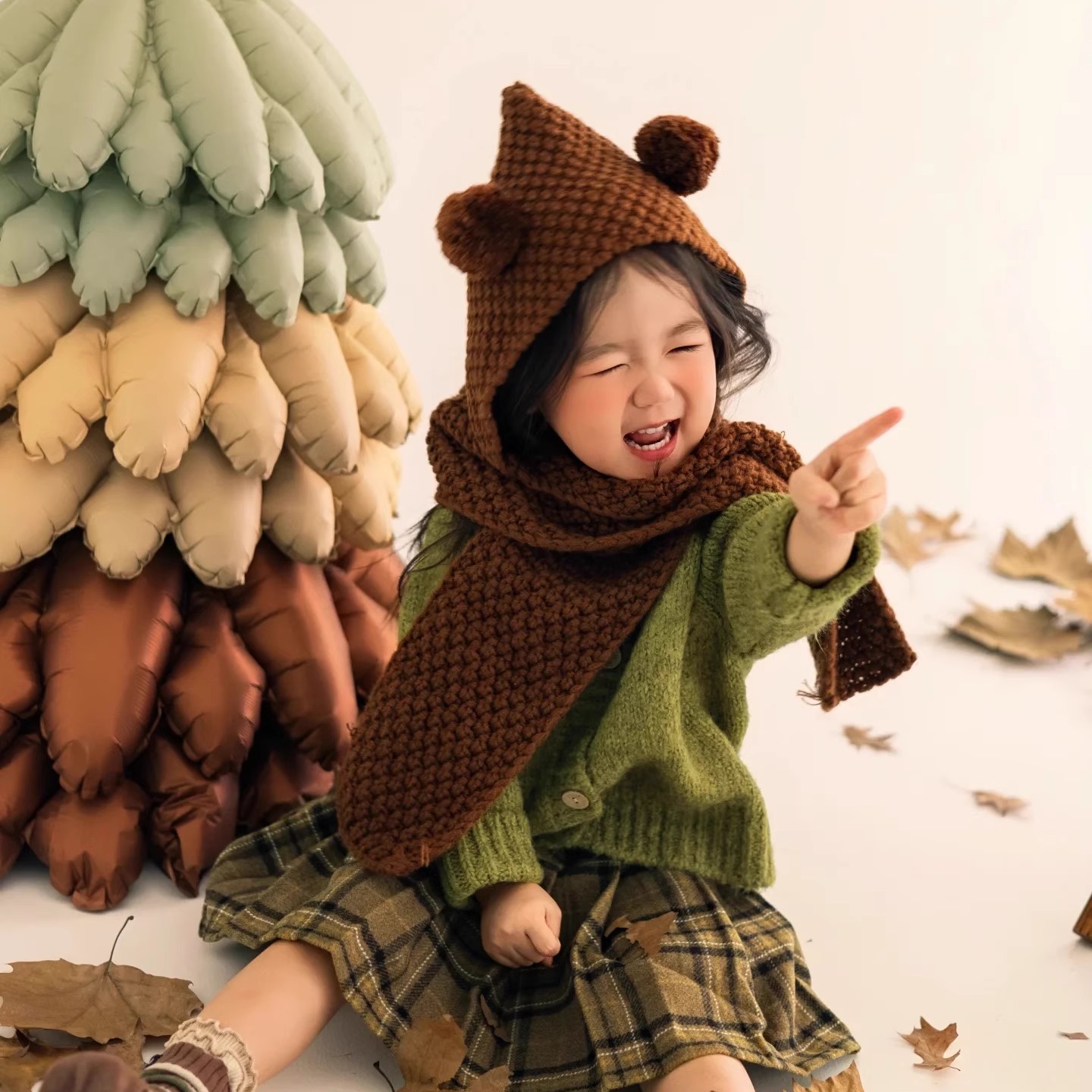 男女童儿童摄影文艺墨绿色艺术气质针织毛衣开衫外套设计感写真潮