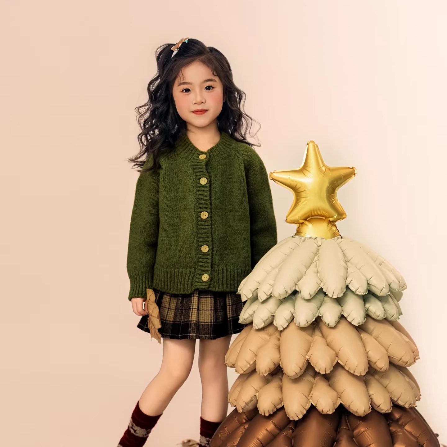 男女童儿童摄影服装墨绿色艺术气质针织毛衣开衫外套设计感写真潮