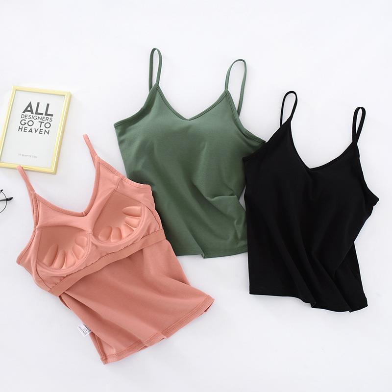 直销新款纯棉带胸垫吊带V领无钢圈罩杯一体修身打底衫U型美背裹胸