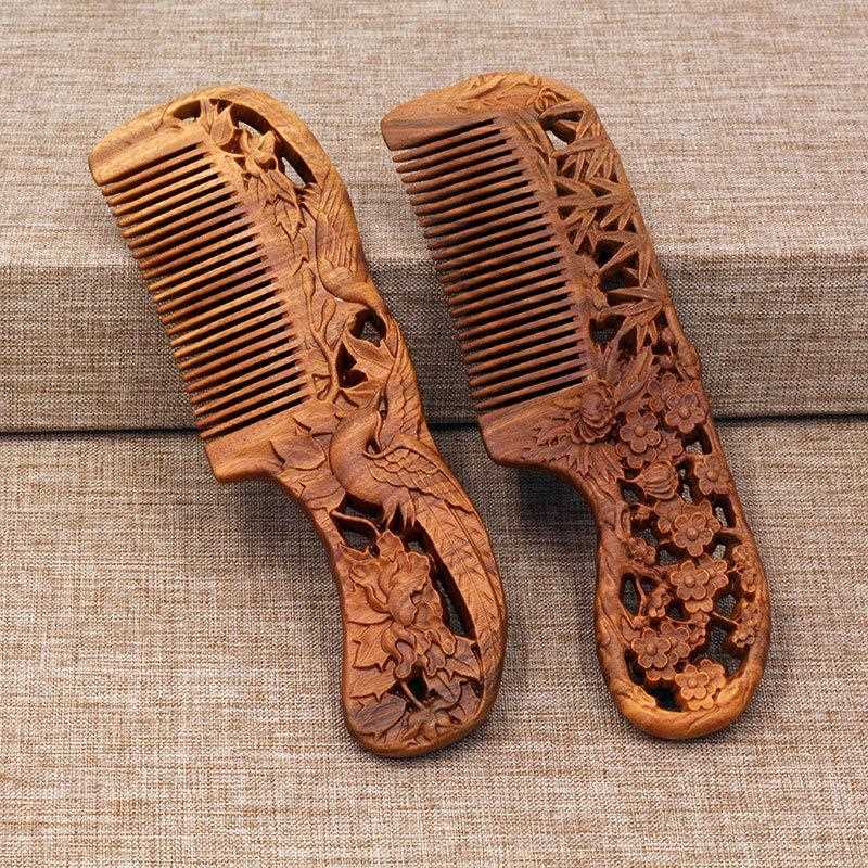 直销新款天然绿檀木梳子 木质整木细齿双面雕花梳礼品竹木工艺品