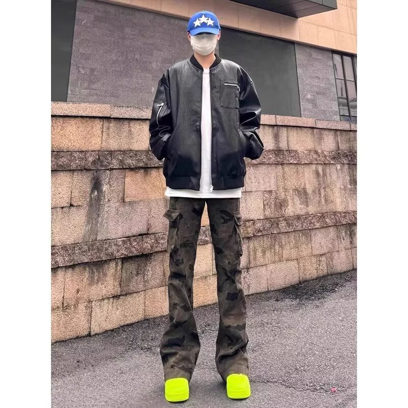 美式复古春秋迷彩多口袋修身工装裤嘻哈直筒显瘦微喇裤子男牛仔裤