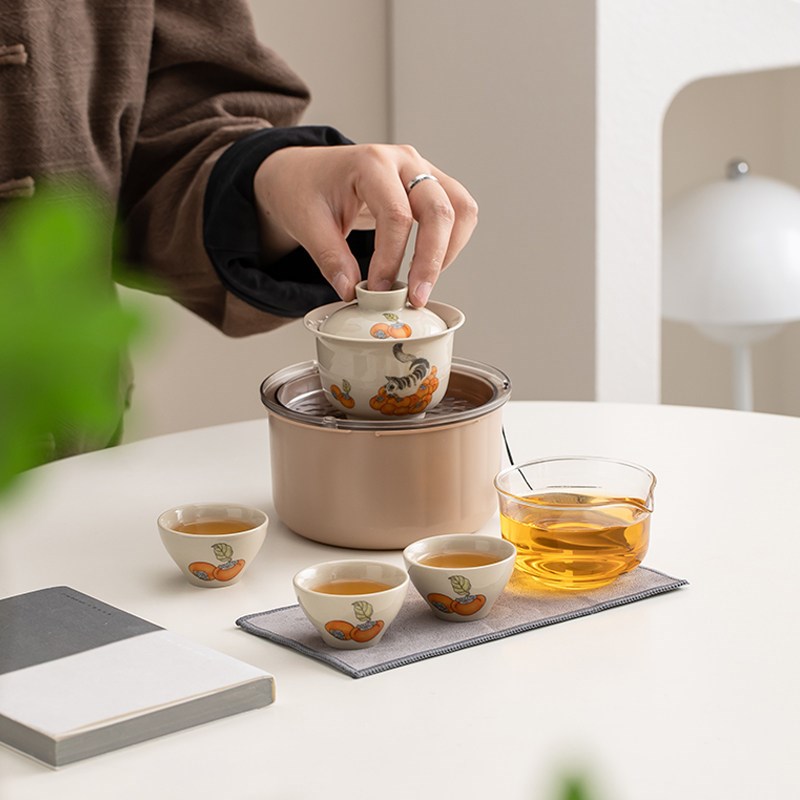 便携式旅行茶具套装简约陶瓷茶杯茶壶收纳盒一壶三杯家用茶杯套装