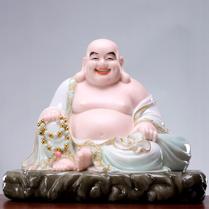 汉白玉弥勒佛招财摆件 新中式风格客厅供奉笑佛像 半手工制作