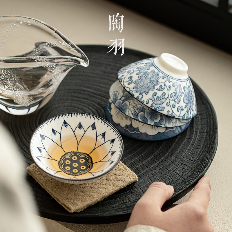 青花瓷功夫小茶杯茶具套装陶瓷斗笠杯茶盏杯单杯盖碗茶碗主人6只
