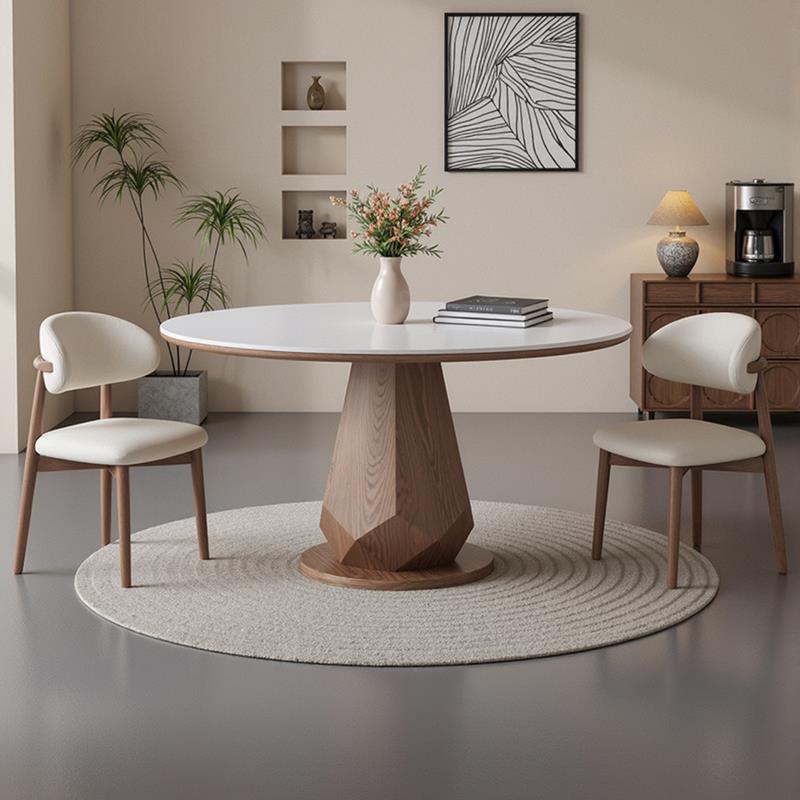 法式中古风带转盘实木岩板餐桌家用小户型全承托白蜡木圆形吃饭桌