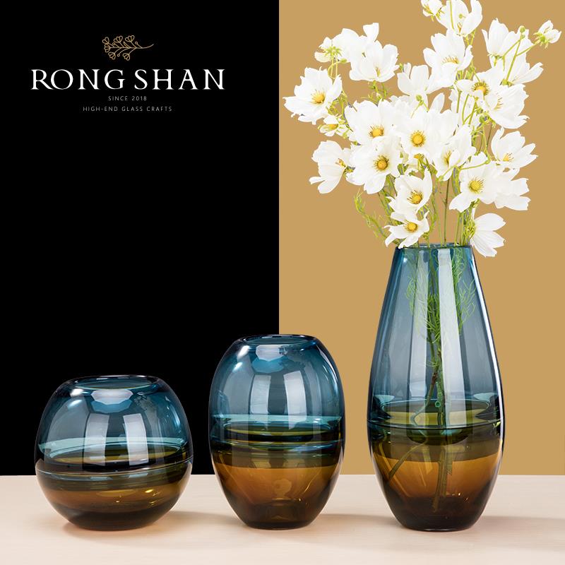 创意设计师北欧玻璃花瓶轻奢摆件干燥花插花欧式客厅现代简约蓝琥