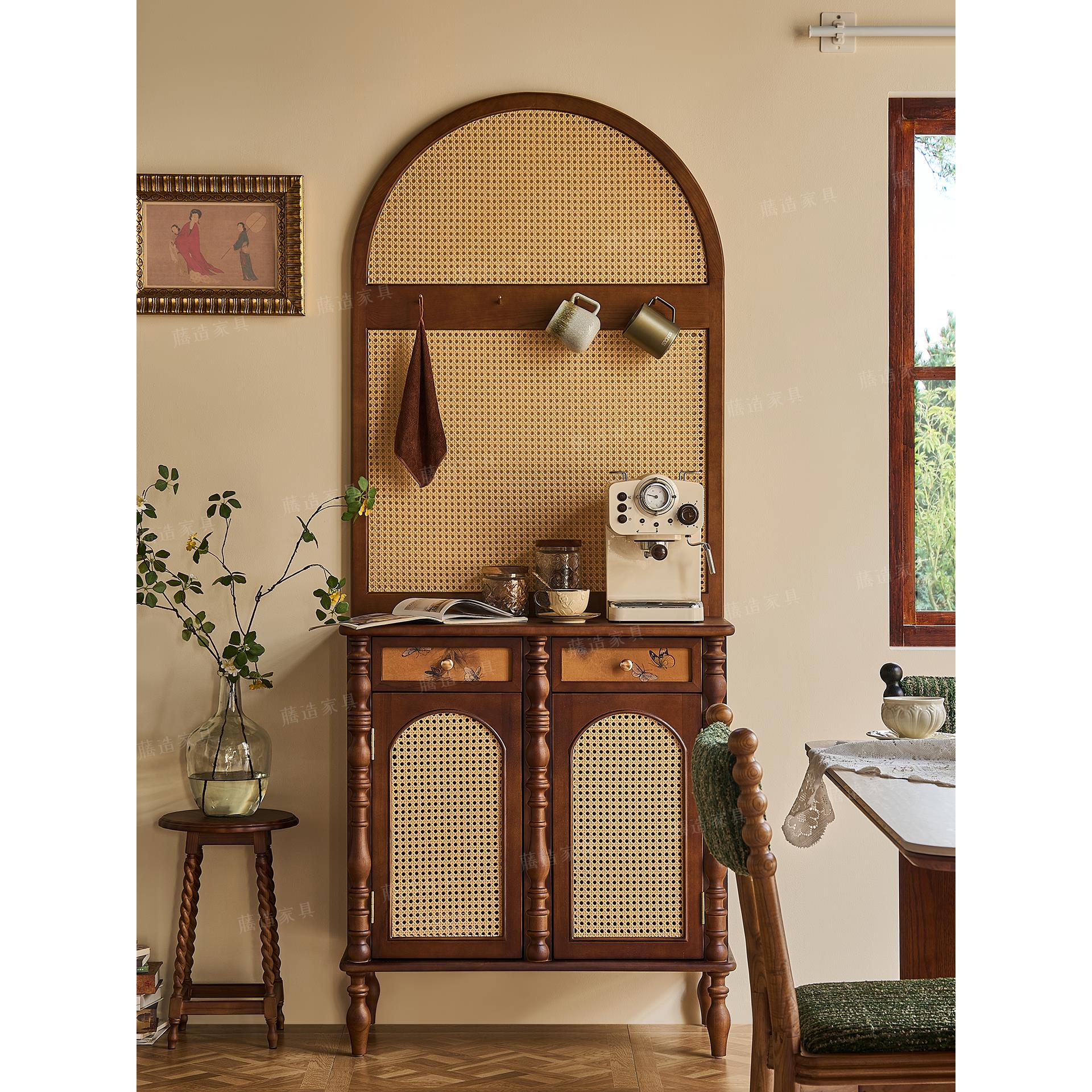 藤编玄关柜中古风门厅柜隔断实木置物柜进门鞋柜藤编靠墙屏风