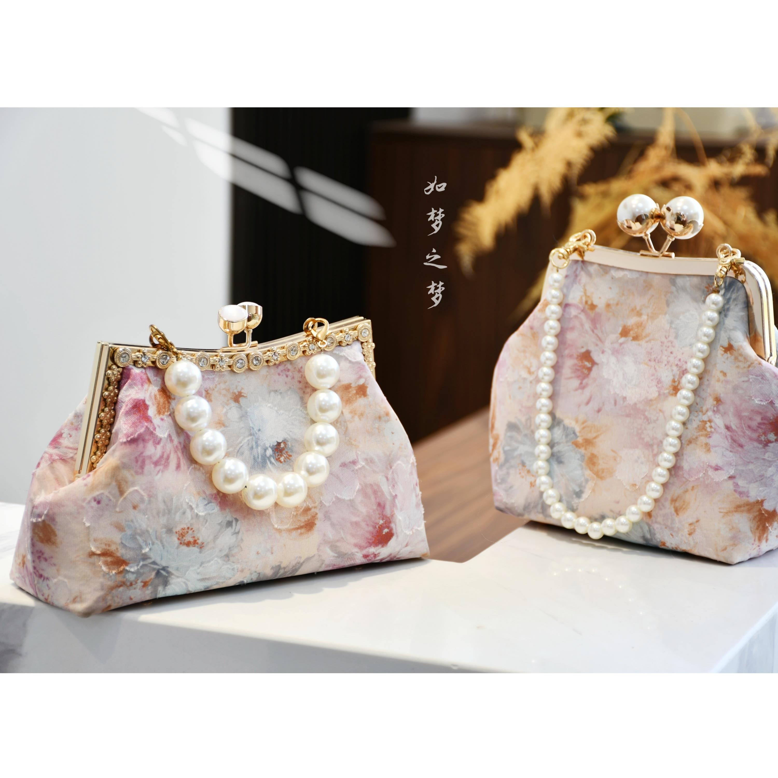 如梦之梦-中国风旗袍真丝钉珠珍珠非遗口金包DIY材料包手工包