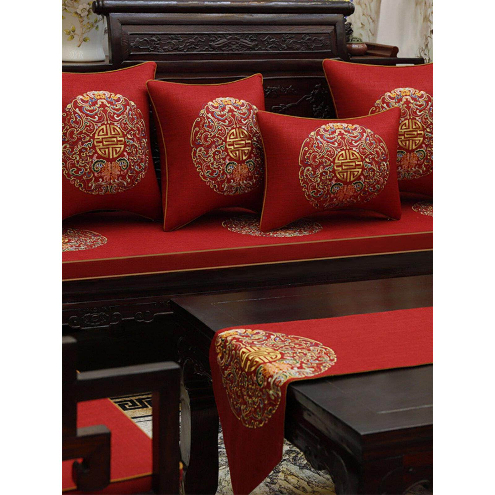 红木沙发坐垫新中国风沙发坐垫套棉麻实木椅子餐椅罗汉床垫防滑上