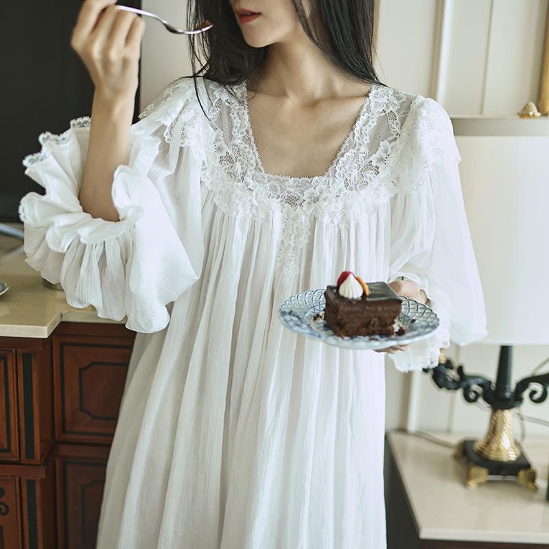赫本风睡裙女款春秋长袖绉纱高支棉纯棉睡衣带胸垫宫廷仙女家居服