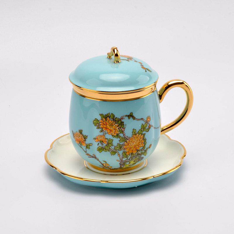 夫人瓷永丰源正品280ml4件套茶杯带盖茶漏有杯碟礼盒