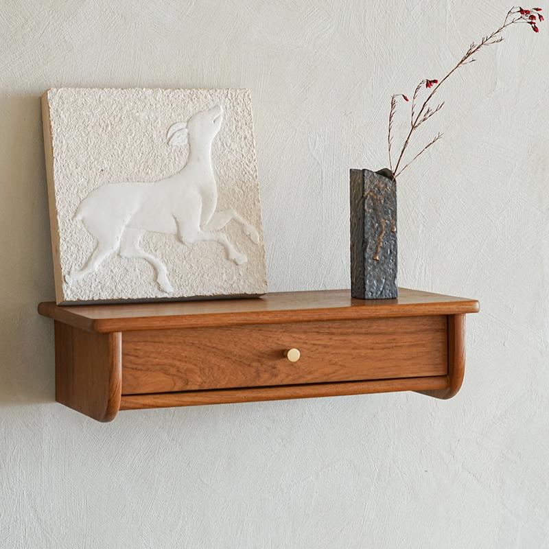 木纳家俱墙上置物架抽屉柚木实木隔板挂墙悬空床头柜壁挂收纳储物