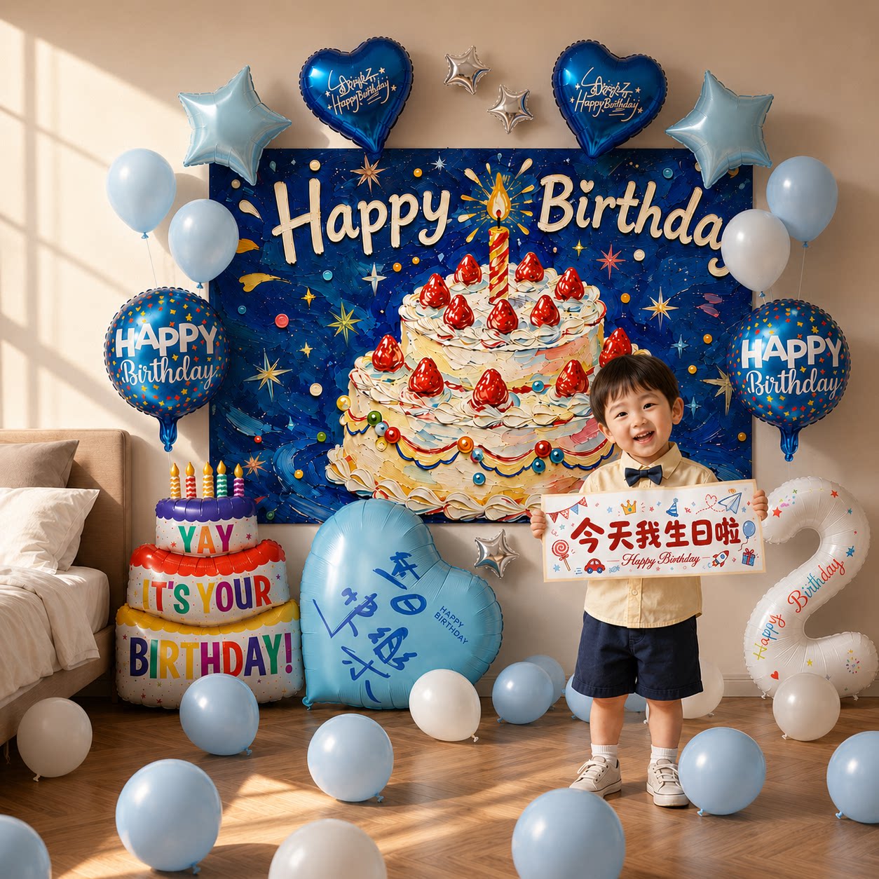 儿童男孩宝宝周岁生日条幅背景墙气球派对装饰品氛围挂布场景布置图片