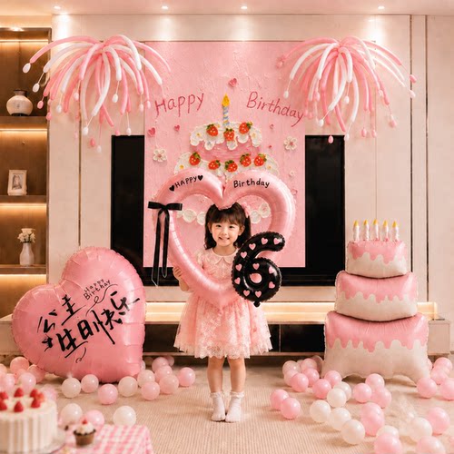 ins小女孩6岁生日装饰氛围两岁快乐仪式感气球儿童派对背景墙布置