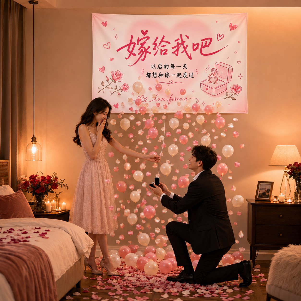 求婚道具浪漫惊喜气球雨拉绳挂布场景创意布置七夕表白室内装饰
