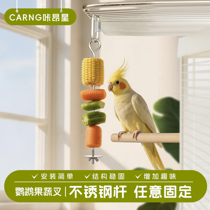 咔昂星鹦鹉用品大全鸟用不锈钢水果蔬叉签玩具喂食器鸟笼配件挂钩