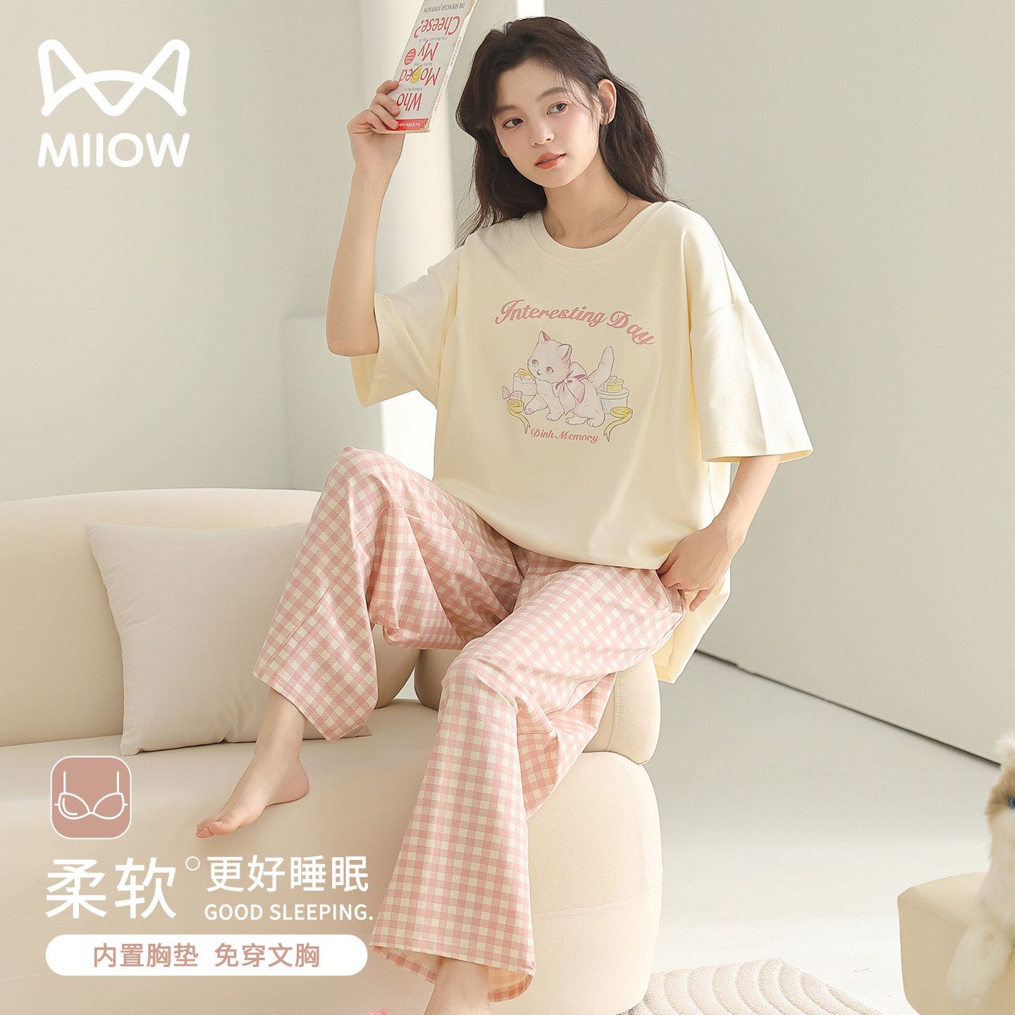 猫人MIIOW100%棉带胸垫睡衣透气图片