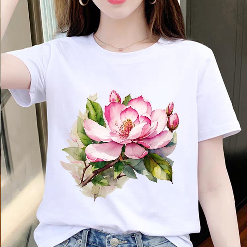 花朵薄款上衣流行网红爆款女打底衫通勤ins夏季印花短袖圆领T恤