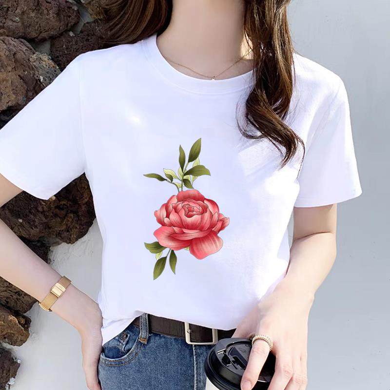 个性女通勤爆款花卉流行网红休闲打底衫ins夏季印花短袖圆领T恤