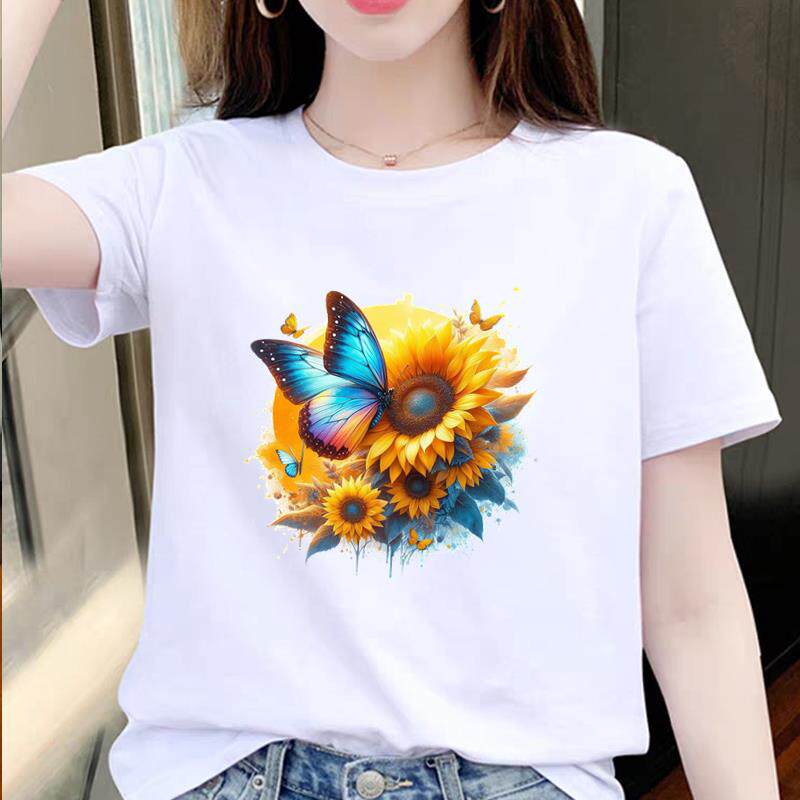 韩版女通勤上衣打底衫夏季印花网红爆款ins蝴蝶花朵短袖圆领T恤