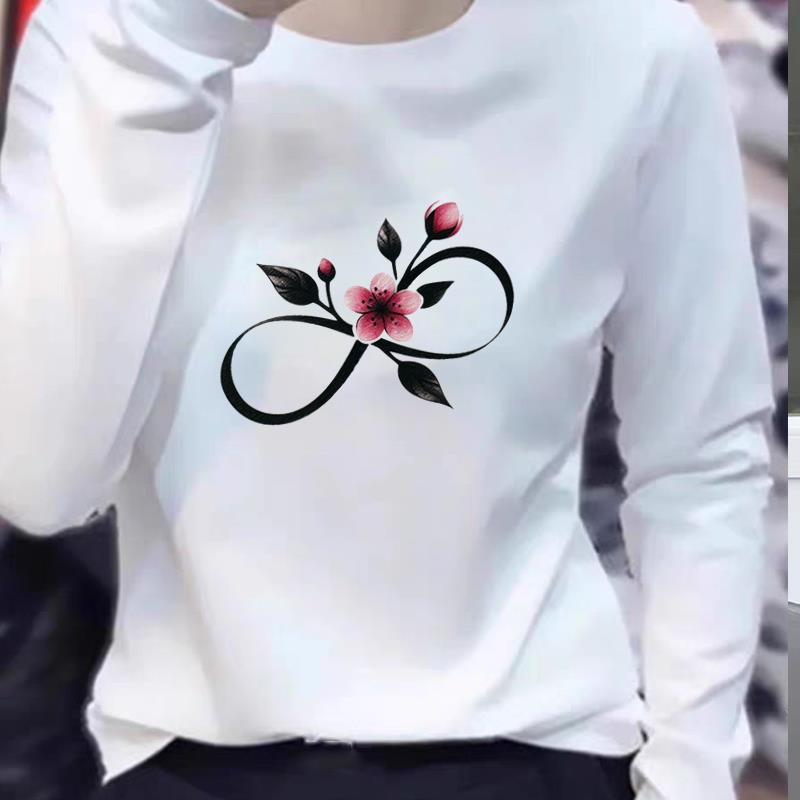 印花几何花朵春秋冬季时尚长袖可爱气质通勤女洋气ins休闲圆领T恤