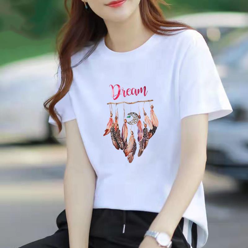 韩版夏季印花羽毛字母上衣打底衫网红爆款女通勤ins短袖圆领T恤