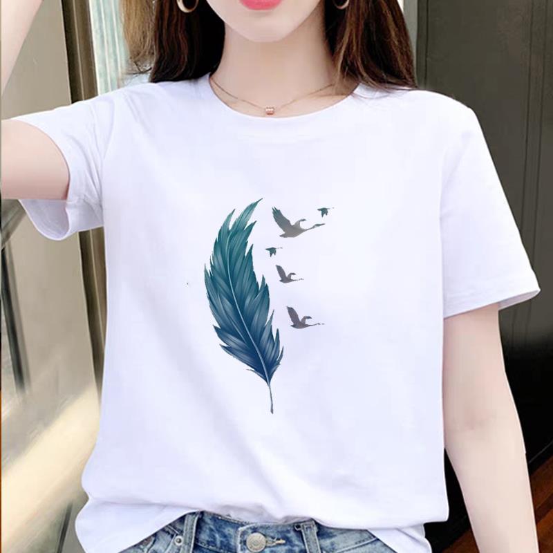印花打底衫流行羽毛淑女时尚网红爆款女通勤显瘦ins短袖圆领T恤