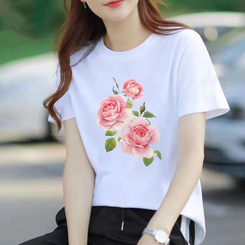 时尚网红花朵显瘦印花打底衫流行爆款女通勤显瘦ins短袖圆领T恤