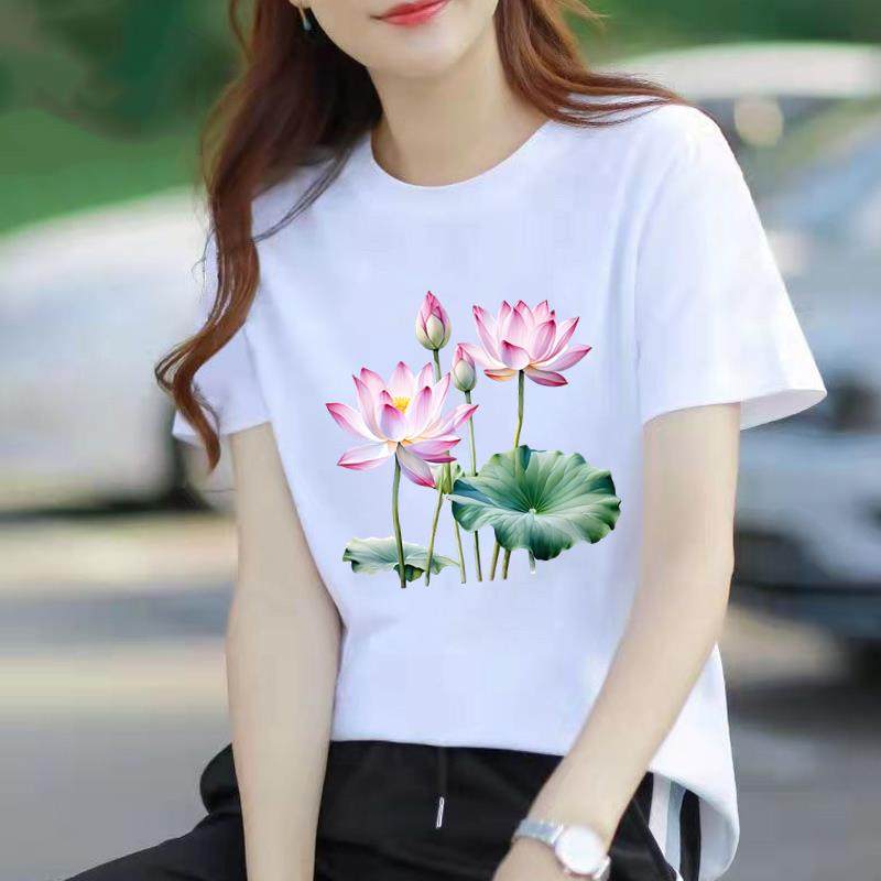 运动花朵爆款网红爆款休闲打底衫女通勤ins夏季印花短袖圆领T恤