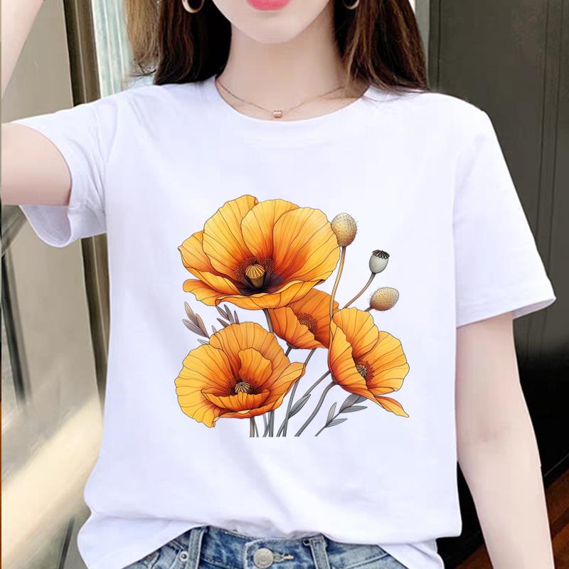 网红通勤爆款女韩版洋气上衣ins夏季印花短袖潮美式花朵圆领T恤