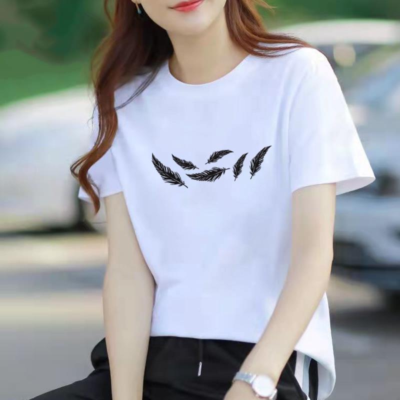 印花打底衫流行时尚羽毛可爱网红爆款女通勤显瘦ins短袖圆领T恤