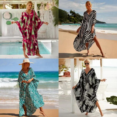 Women's Kimono Print Leaf Batwing Sleeve Long Sleeve V Neck