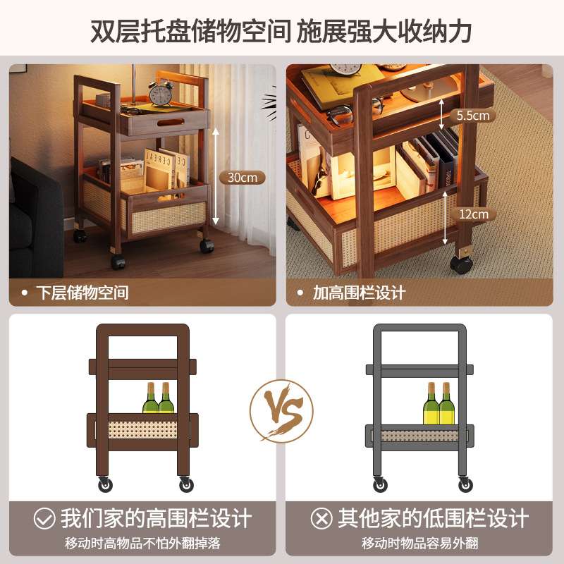 小推车置物架客厅卧室移动茶几沙发边柜编藤家用多功能边几收纳架
