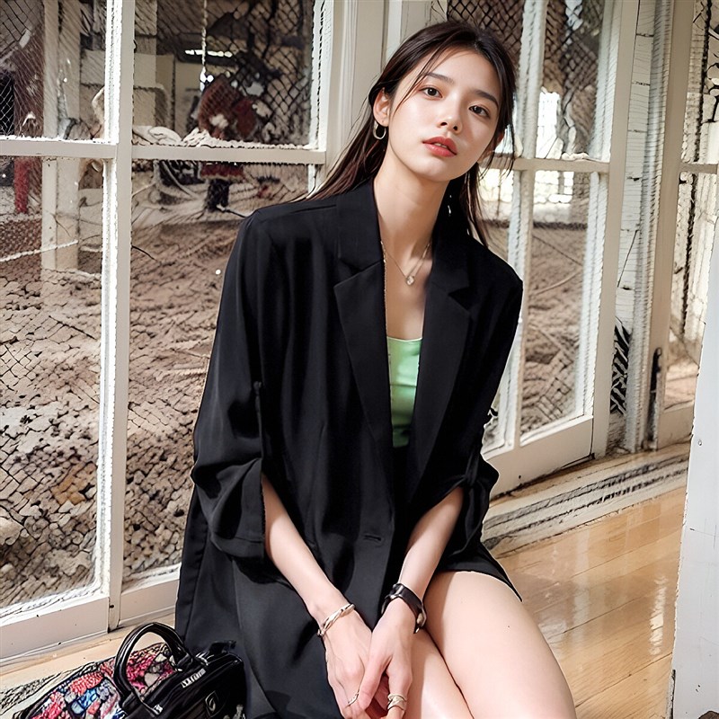 大码黑色中袖薄款西装外套女2024夏季胖mm休闲防晒衣七分袖小西服