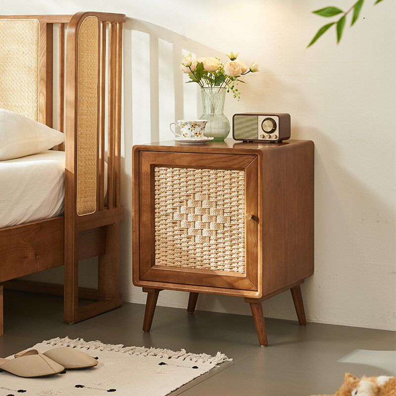 侘寂风实木藤编床头柜小柜子民宿家具复古风卧室简约收纳柜置物柜