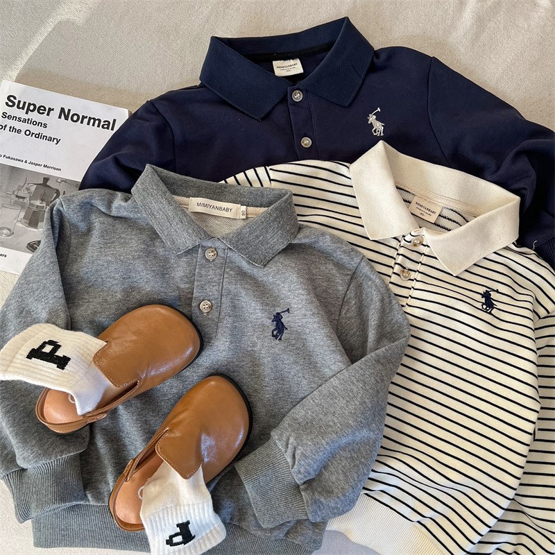 男童长袖polo衫条纹24秋季新款宝宝翻领上衣毛圈棉柔软套头衫宽松